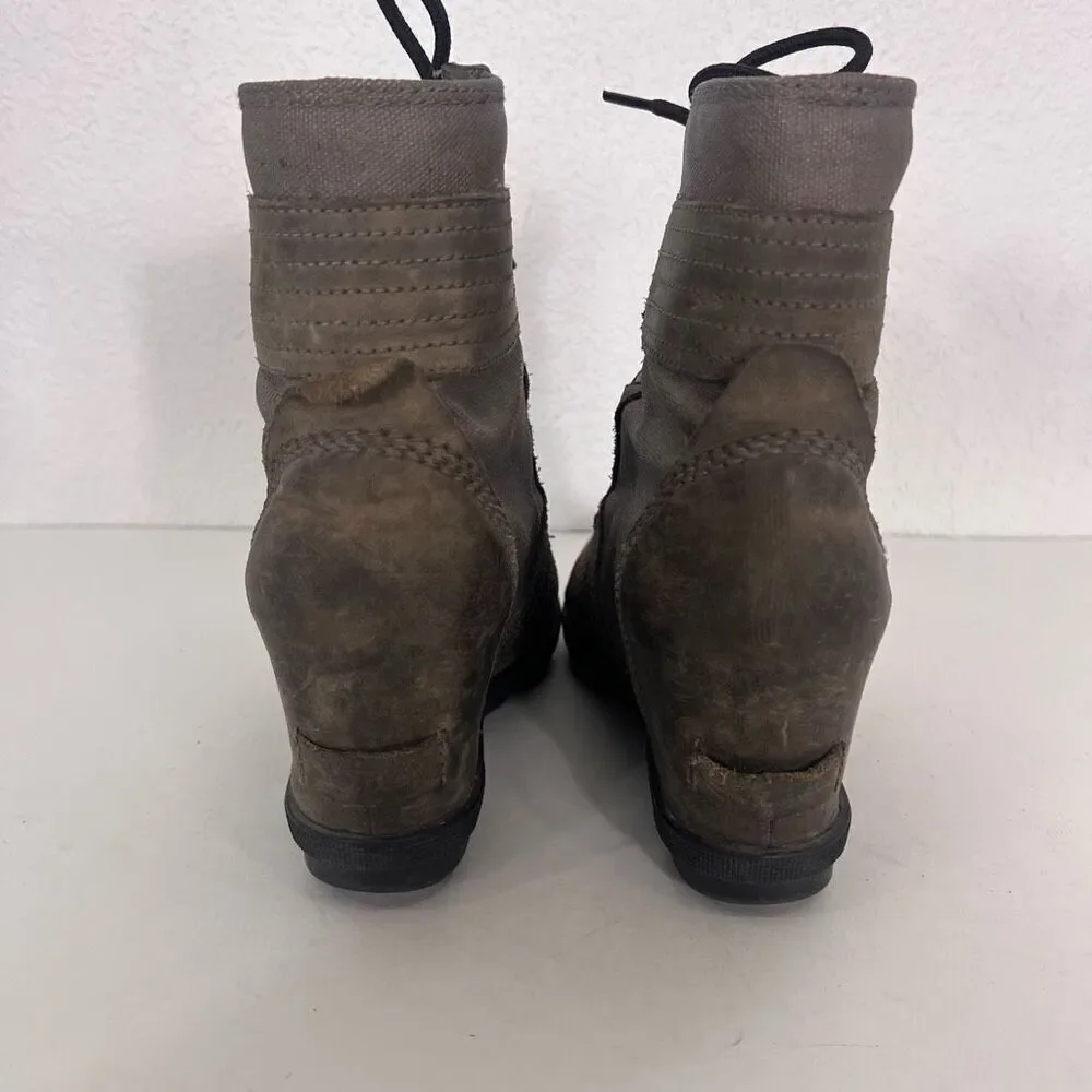 Sorel Grey Leather & Canvas Mid Calf‎ Lace Up Booties Size 7